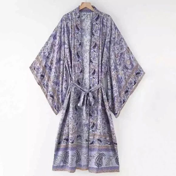 Lavender Floral & Paisley Print Kimono Bohemian Duster Wrap Coverup Top Casual - Picture 2 of 2